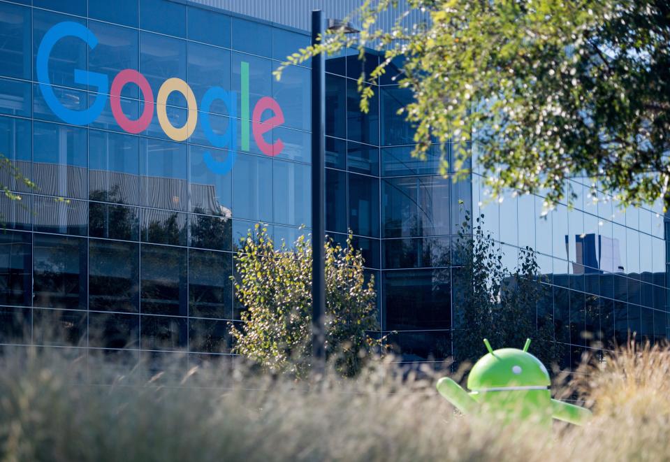 <p>A Google logo and Android statue are seen at the Googleplex in Menlo Park, California </p> (AFP via Getty Images)