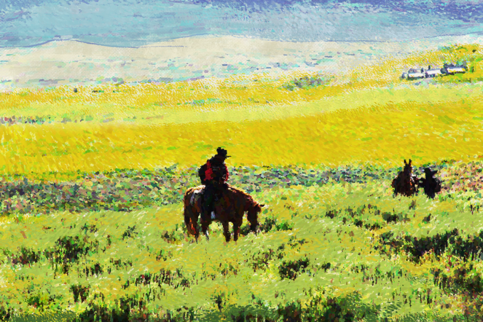 Two sheepherders prepare to let their horses rest and graze after returning to camp. Herders sometimes must travel miles over steep terrain to care for their flock of sheep.