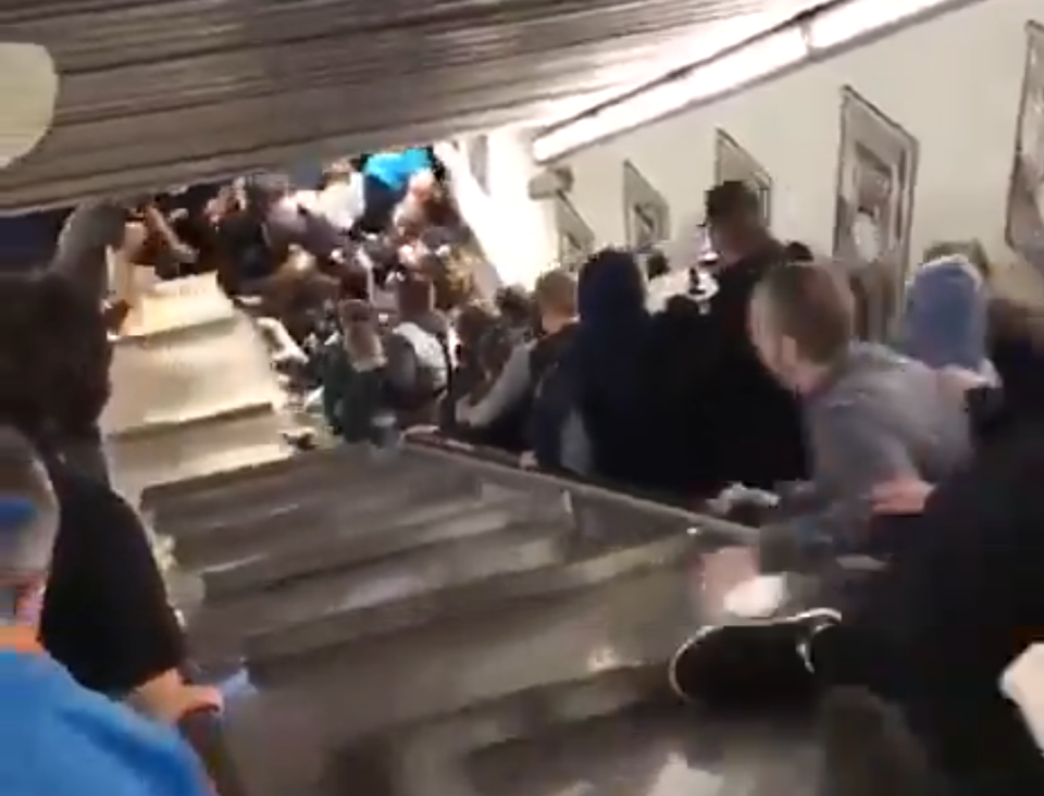 An escalator sped wildly out-of-control at a Rome metro station, injuring fans of CSKA Moscow. (Twitter/@RBWorldorg)