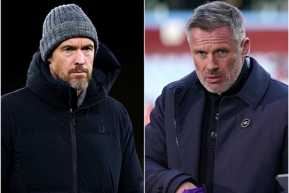 Manchester United manager Erik ten Hag and Sky Sports’ Jamie Carragher (PA)