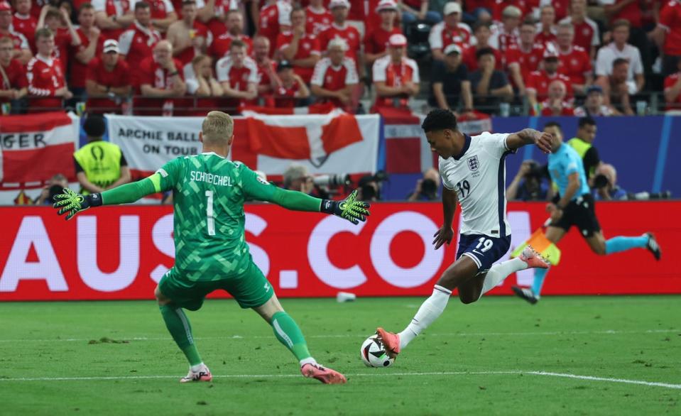 Ollie Watkins made an impact when he came on and had a good shot saved by Kasper Schmeichel (The FA via Getty Images)