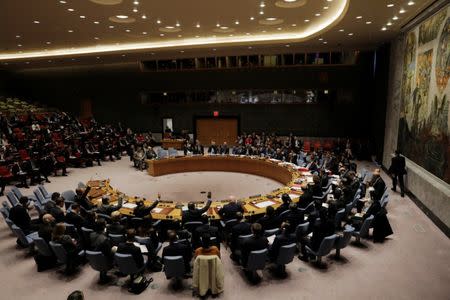 Members of the United Nations (UN) Security Council vote on a U.S. bid to renew an international inquiry into chemical weapons attacks in Syria during a meeting at the UN headquarters in New York, U.S., November 16, 2017. REUTERS/Lucas Jackson