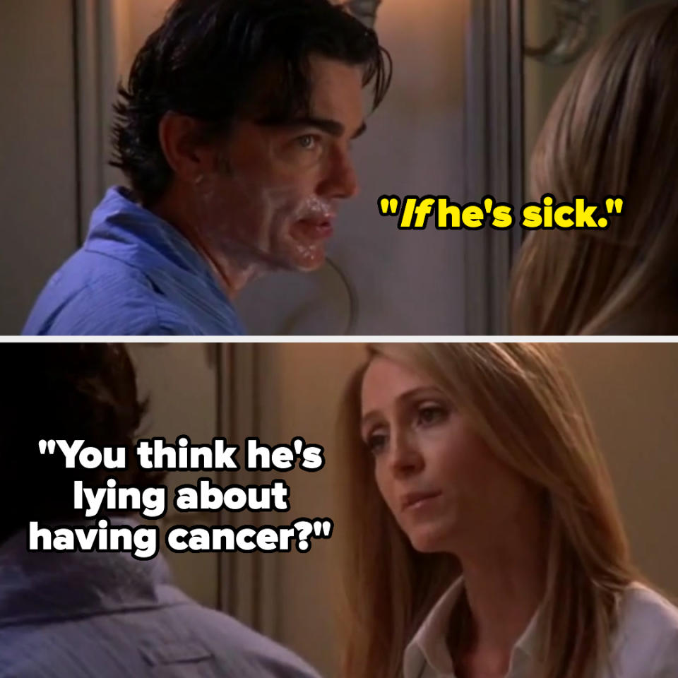 TV show scene with two characters; one looking skeptical with subtitle "If he's sick." The other shows concern, "You think he's lying about having cancer?"