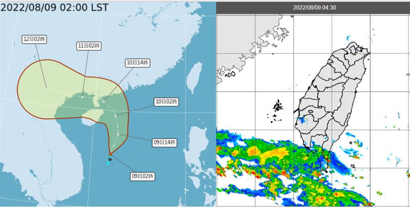 圖：9日2時中央氣象局「路徑潛勢預測圖」顯示，「熱帶低壓」向北北東轉北再轉西北，呈現逆時鐘迴轉(左圖)；預計10日晨達「輕颱」強度，10日下午已在雷州半島附近，無侵台機率。9日4：30雷達回波合成圖(右圖)顯示，東南部及恆春半島受其外圍水氣影響，已有回波帶來降雨。