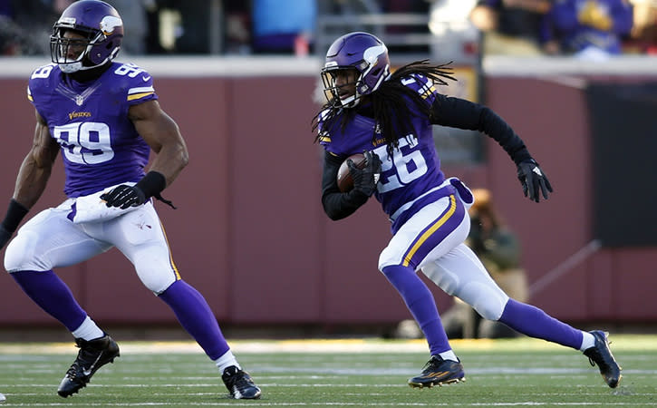 Minnesota Vikings cornerback Trae Waynes returns an interception against the Seattle Seahawks in the third quarter of the 2015 NFC Wild Card playoff football game.