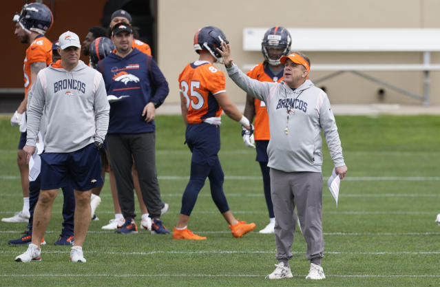 Denver Broncos head coach Sean Payton directs players as they take part in drills during the NFL football team's rookie minicamp, Saturday, May 13, 2023, in Centennial, Colo. (AP Photo/David Zalubowski)