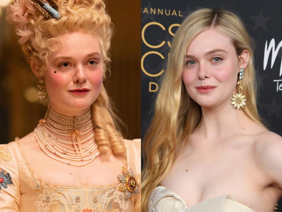 On the left: Elle Fanning as Catherine on season three, episode two of &quot;The Great.&quot; On the right: Fanning in January 2023.