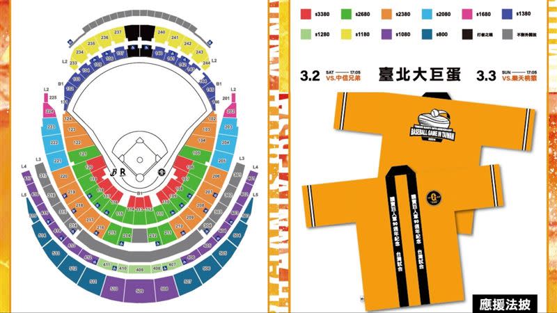 讀賣巨人軍90週年紀念台灣試合票價從最貴3380元到800元之間。（圖／翻攝自Toyota 讀賣巨人軍90週年紀念 台灣試合臉書）