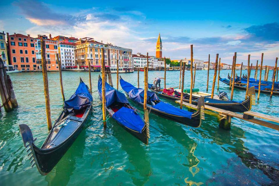 <p>Getty</p> Gondolas moored in Venice