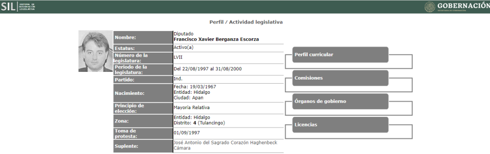 Registro público de Francisco Xavier como diputado en 1997. (Captura del portal del SIL)