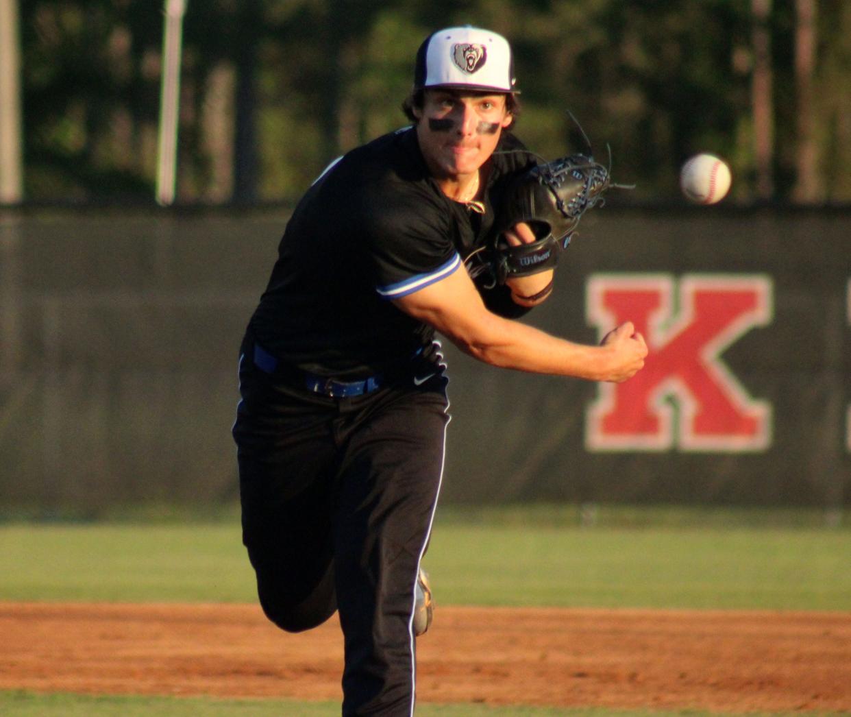 Bartram Trail pitcher Ashton Pocol delivers a pitch during a high school baseball game against Creekside on April 1, 2022. [Clayton Freeman/Florida Times-Union]