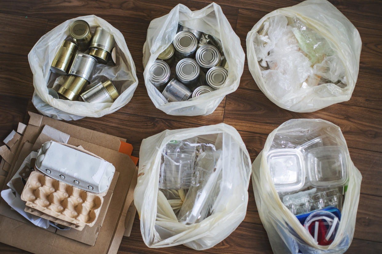 Stock image of recycling laid out in plastic bags. (Getty Images)