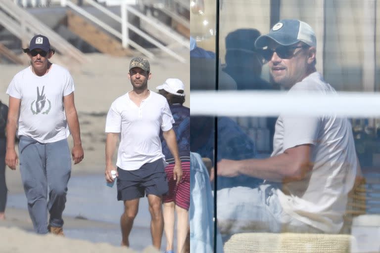 Leonardo DiCaprio y su novia Camila Morrone disfrutan de un día en la playa de Malibú con Tobey Maguire y Lukas Haas