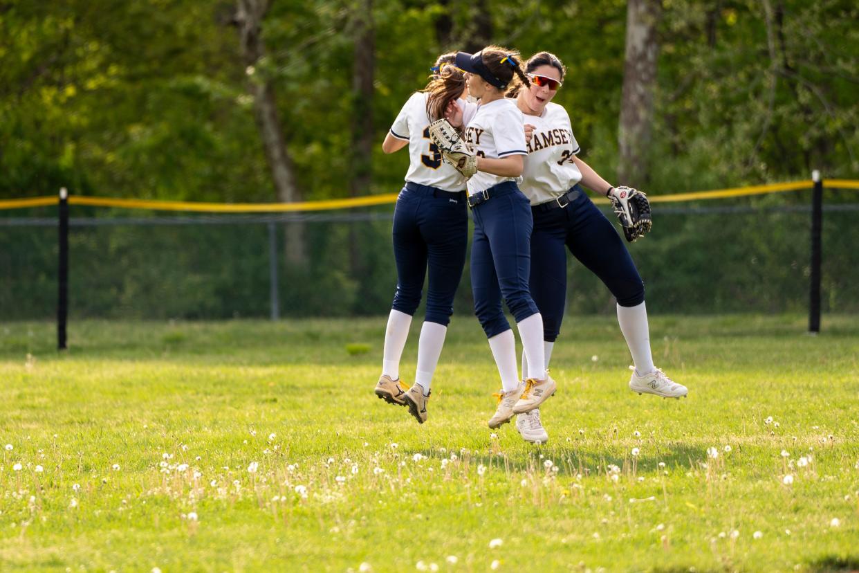 May 3, 2024; Mahwah, NJ, USA; Ramsey players celebrate in the outfield during a high school softball game against Mahwah on Friday afternoon.