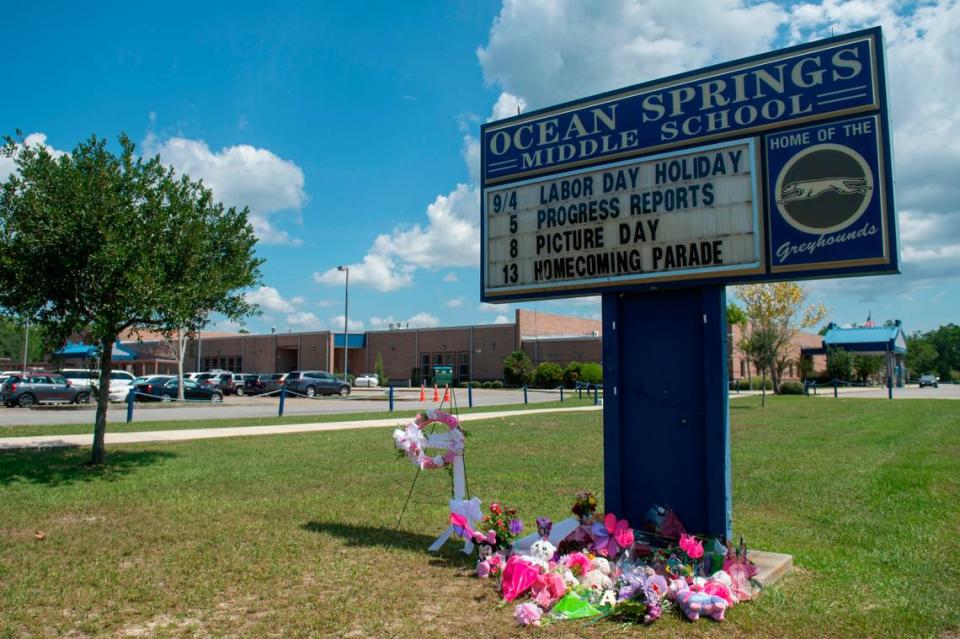 Flowers and toys are left outside the Ocean Springs Middle School in Ocean Springs on Thursday, Sept. 7, 2023. The tributes honored 13-year-old Aubreigh Wyatt, who died by suicide on Labor Day.