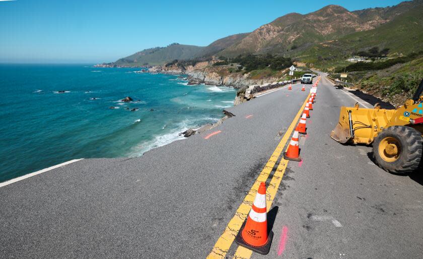 Big Sur, CA - April 02: Hwy. 1 is closed as Caltrans crews assess damage and make shoulder repairs after the road slipped out south of the Rocky Creek Bridge on Tuesday, April 2, 2024 in Big Sur, CA. (Brian van der Brug / Los Angeles Times)