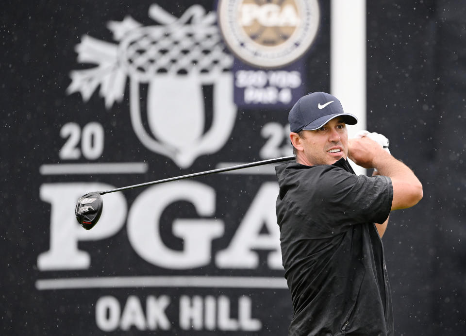 Brooks Koepka is will head to the final round of the PGA Championship at Oak Hill Country Club with the lead. (Photo by Ross Kinnaird/Getty Images)