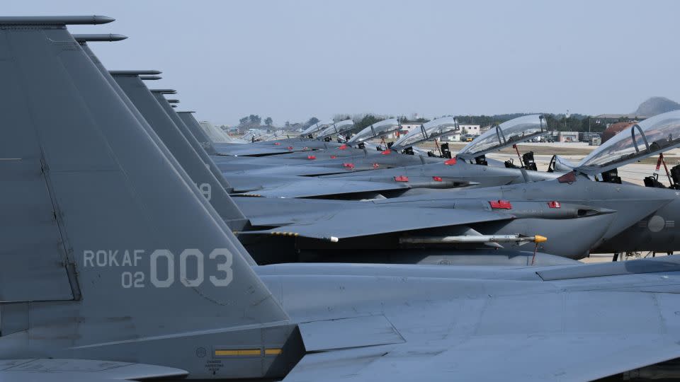 Fighter jets are lined up during the joint US-South Korea exercise Korea Flying Training 2024. - South Korean Defense Ministry