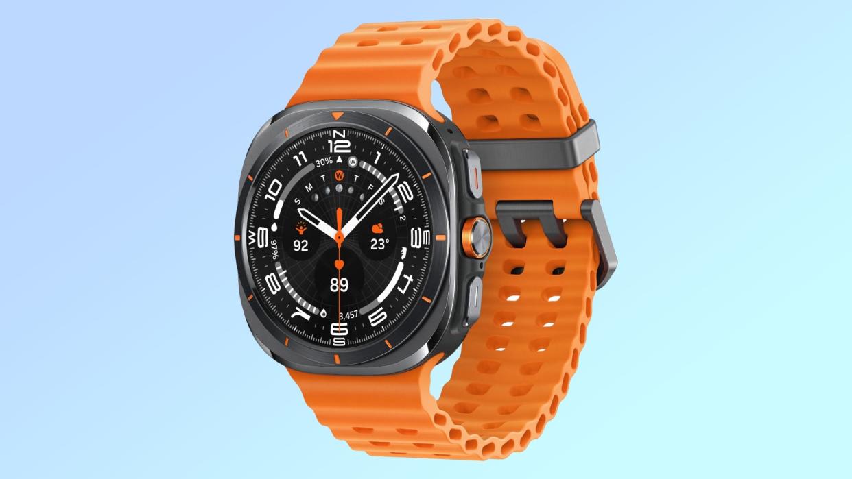  Leaked image of the Samsung Galaxy Watch Ultra, orange band on a teal background. 