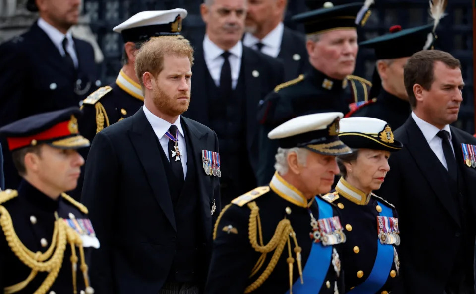 Britain's King Charles, Britain's Anne, Princess Royal, Prince Harry and Peter Phillips attend the state funeral and burial of Britain's Queen Elizabeth, at Parliament Square in London, Britain, September 19, 2022.   REUTERS/Sarah Meyssonnier/Pool