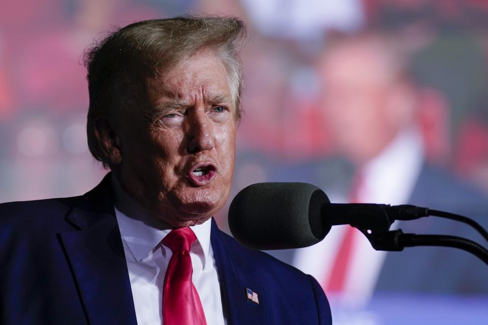 FILE - Former President Donald Trump speaks at a rally Friday, Aug. 5, 2022, in Waukesha, Wis. Fourteen of the 15 boxes recovered from former President Donald Trump's Florida estate earlier this year contained documents with classification markings, according to an FBI affidavit released Friday, Aug. 26, explaining the justification for the search of the property this month. (AP Photo/Morry Gash, File)