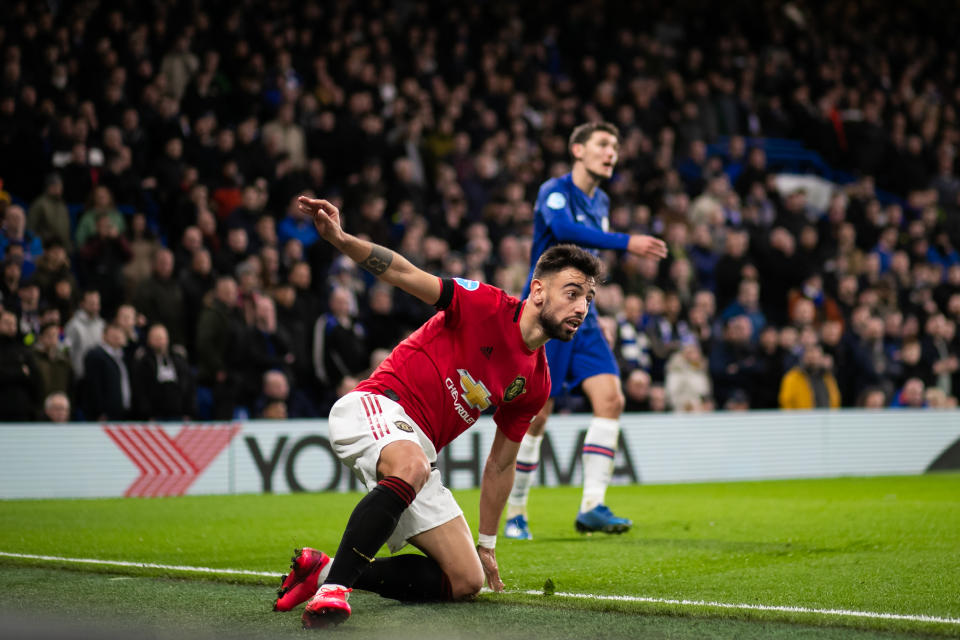 LONDON, ENGLAND - FEBRUARY 17: Andreas Christensen of Chelsea in action with Bruno Fernandes of Manchester United during the Premier League match between Chelsea FC and Manchester United at Stamford Bridge on February 17, 2020 in London, United Kingdom. (Photo by Marc Atkins/Getty Images)