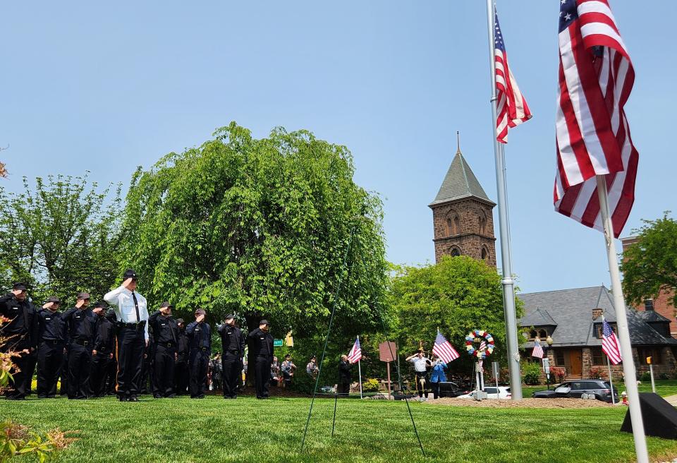 The Morris County Joint Honor Guard salutes during the playing of Taps at the annual Morris County Memorial Day observance Wednesday, May 24, 2023.
