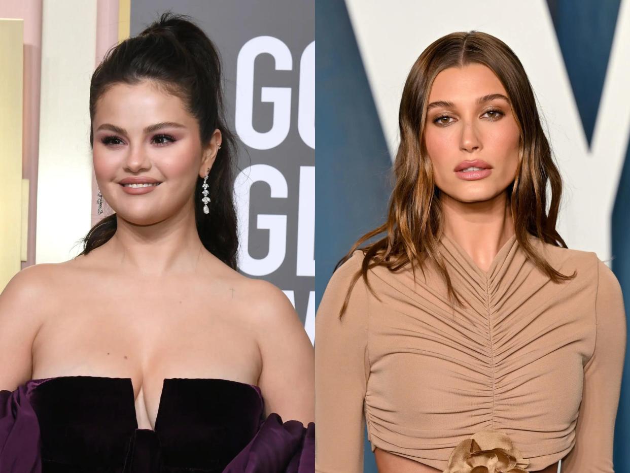 left: selena gomez at the golden globes wearing a black gown with a plunging neckline, smiling with her hair pulled back into a ponytail; right: hailey bieber at the vanity fair afterparty, wearing a beige dress and with her hair styled loose and down