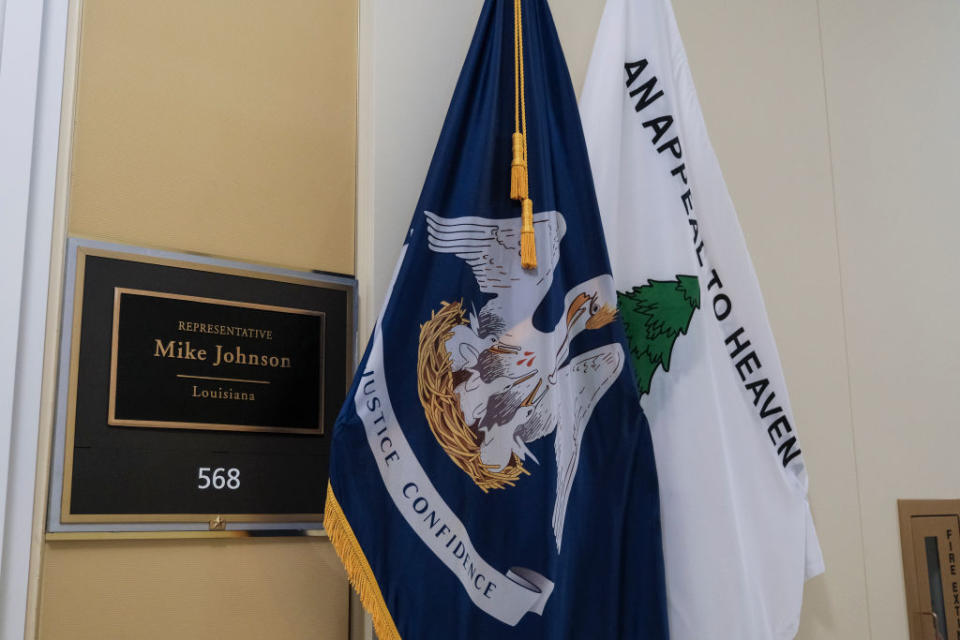 An  "Appeal to Heaven" flag is seen May 23, 2024, outside of House Speaker Mike Johnson's office on Capitol Hill.