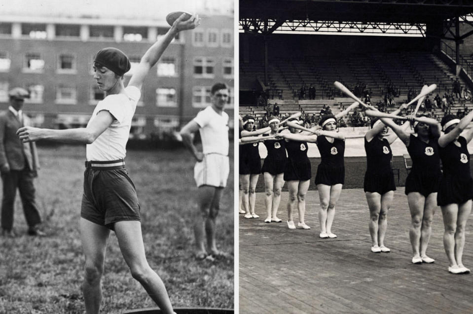 Halina Konopacka preparing to throw a discus, the Dutch women's gymnastics team performing their routine