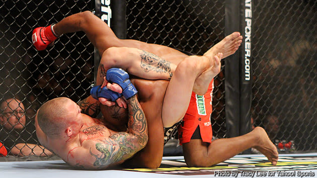 Anthony Smith defeats Lumumba Sayers with a triangle choke submission during the Strikeforce event at Valley View Casino Center on August 18, 2012 in San Diego, California.