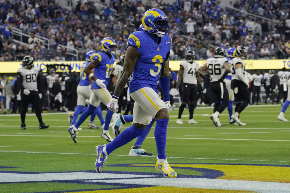 Los Angeles Rams wide receiver Odell Beckham Jr. (3) celebrates after his touchdown catch during the second half of an NFL football game against the Jacksonville Jaguars Sunday, Dec. 5, 2021, in Inglewood, Calif. (AP Photo/Mark J. Terrill)