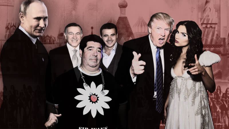 El presidente ruso Vladimir Putin, Aras Agalarov, Rob Goldstone, Emin Agalarov, Donald Trump y Olivia Culpo. (Foto ilustrada: Yahoo Noticias. Fotos: Mikhail Svetlov/Getty Images, Jeff Bottari/AP, Adriel Reboh/Patrick McMullan vía Getty Images, Victor Boyko/Getty Images, Maxim Shemetov/Reuters)