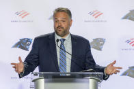 Carolina Panthers NFL football team new head coach Matt Rhule talks to the media during a news conference at the teams practice facility, Wednesday, Jan. 8, 2020, in Charlotte, N.C. (AP Photo/Mike McCarn)