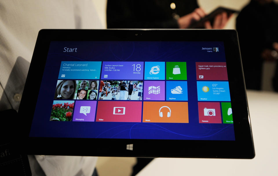 LOS ANGELES, CA - JUNE 18: The Microsoft tablet Surface is unveiled during a news conference at Milk Studios on June 18, 2012 in Los Angeles, California. The new Surface tablet utilizes a 10.6 inch screen with a cover that contains a full multitouch keyboard. (Photo by Kevork Djansezian/Getty Images)