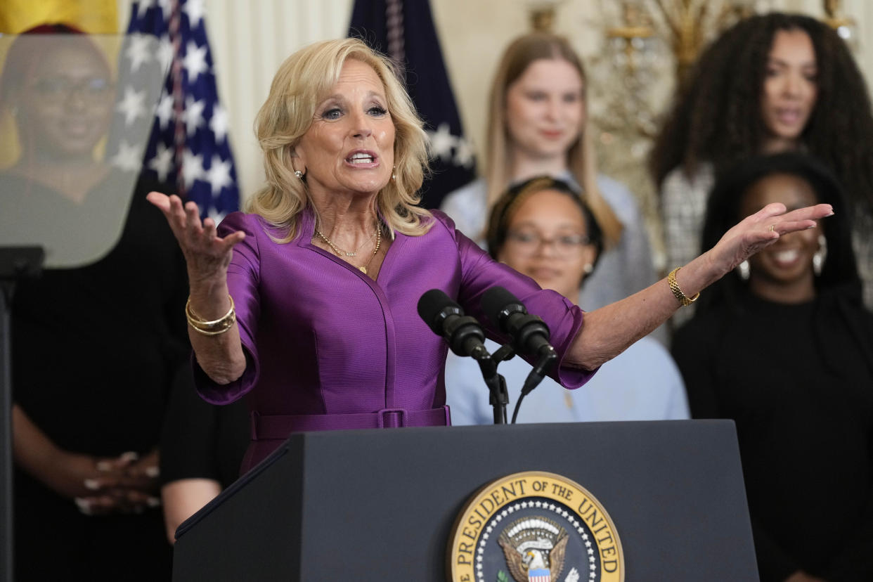 First lady Jill Biden speaks during an event in the East Room of the White House in Washington, Wednesday, March 22, 2023, to celebrate women's history month. (AP Photo/Susan Walsh)