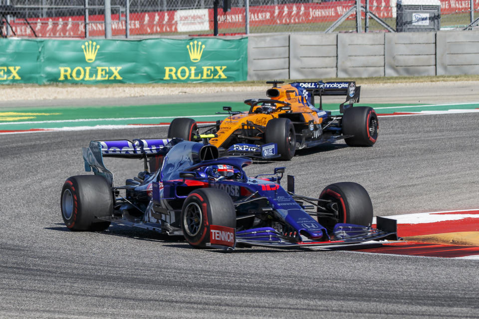 Scuderia Toro Rosso Honda driver Pierre Gasly (10) of France pursued by McLaren Renault driver Carlos Sainz (55) of Spain at turn 15 during the the F1 United States Grand Prix held November 3, 2019, at the Circuit of the Americas in Austin, TX. / Credit: Allan Hamilton/Icon Sportswire via Getty Images