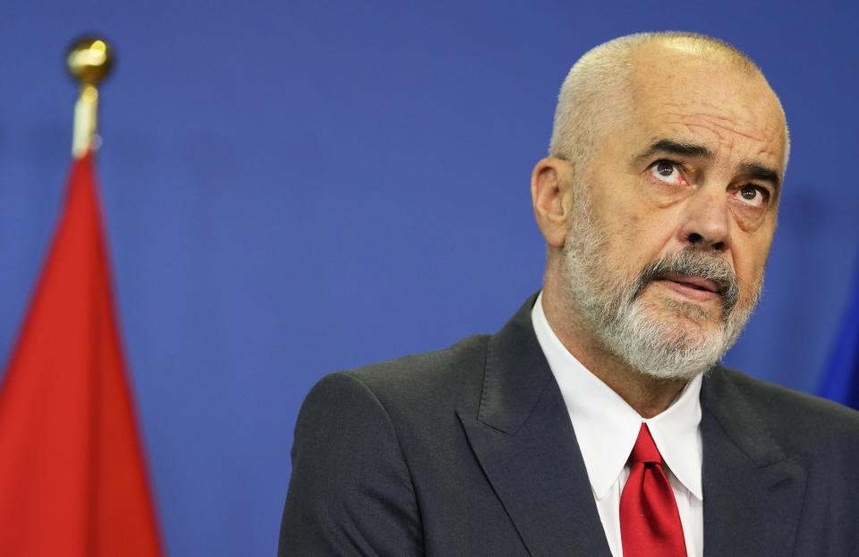 FILE - Albanian Prime Minister Edi Rama pauses before speaking as he addresses a media conference at EU headquarters in Brussels, Tuesday, July 19, 2022. Albania cut diplomatic ties with Iran and expelled the country's embassy staff over a major cyberattack nearly two months ago that was allegedly carried out by Tehran on Albanian government websites, Prime Minister Rama said Wednesday, Sept. 7, 2022. (AP Photo/Virginia Mayo, File)