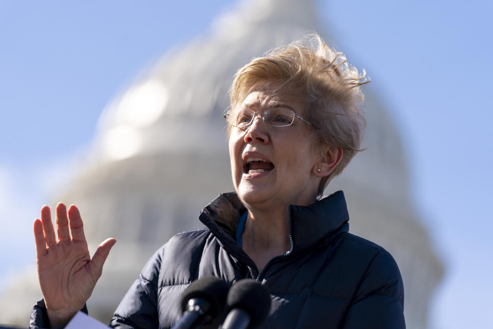 Sen. Elizabeth Warren, D-Mass., speaks at a news conference on Capitol Hill in Washington, Thursday, Feb. 4, 2021, about plans to reintroduce a resolution to call on President Joe Biden to take executive action to cancel up to $50,000 in debt for federal student loan borrowers. (AP Photo/Andrew Harnik)