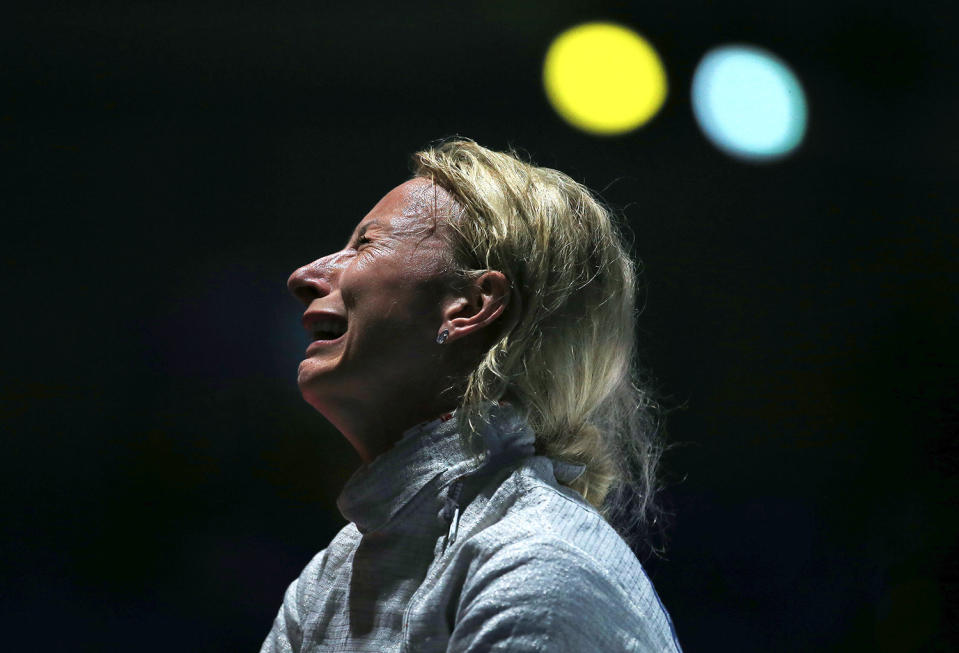 <p>Aleksandra Socha of Poland reacts after losing to the USA in the Women’s Sabre Team Quarterfinals on Day 8 of the Rio 2016 Olympic Games at the Carioca Arena 3 on August 13, 2016 in Rio de Janerio, Brazil. (Photo by Vaughn Ridley/Getty Images) </p>