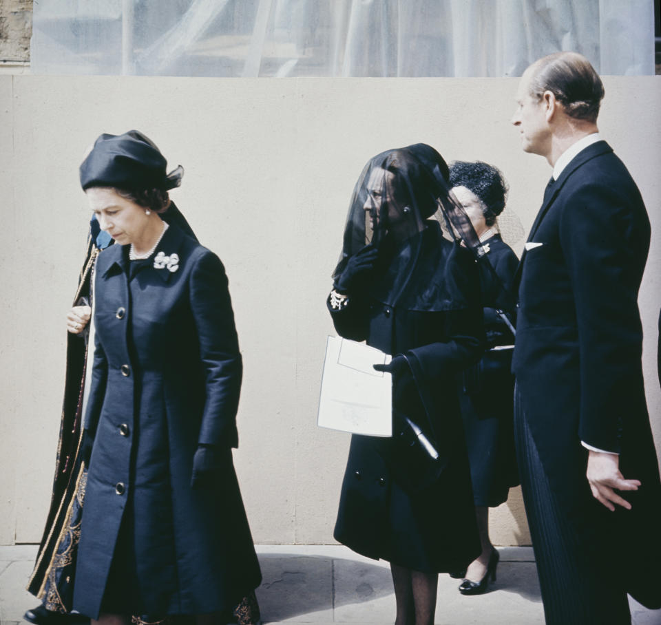 Queen Elizabeth II, Prince Philip, the Duke of Edinburgh (1921 - 2021) and Wallis, Duchess of Windsor (1896 - 1986) leave St George's Chapel, Windsor, after the funeral service of Edward, Duke of Windsor, UK, 5th June 1972.  (Photo by Keystone/Hulton Archive/Getty Images)