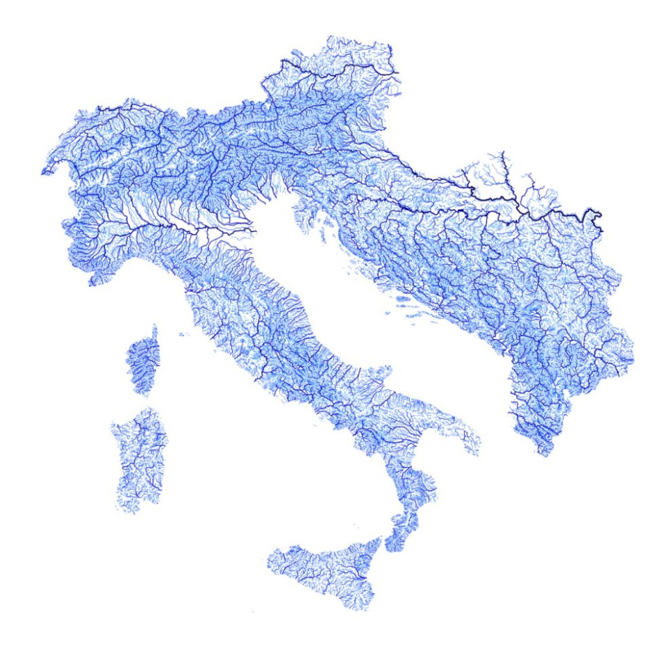 Un mapa de los ríos de Italia.