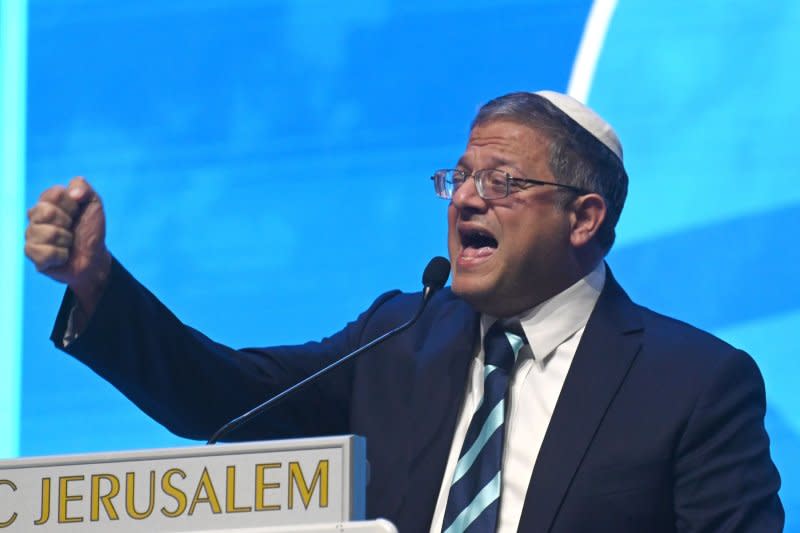 Israeli National Security Minister Itamar Ben Gvir speaks at a conference calling for the building of Jewish settlements in the Gaza Strip at the International Convention Center in Jerusalem on January 28. Photo by Debbie Hill/UPI