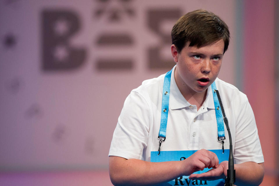 <p>Ryan Crawford, 12, from South Boston, Va., correctly spells his word during the 90th Scripps National Spelling Bee in Oxon Hill, Md., Wednesday, May 31, 2017. (AP Photo/Cliff Owen) </p>