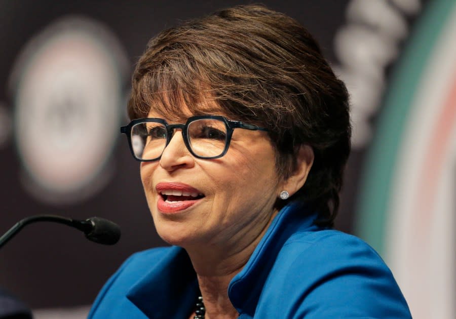 Valerie Jarrett, former senior adviser to President Barack Obama, speaks during the National Action Network Convention in New York, April 3, 2019. (AP Photo/Seth Wenig)