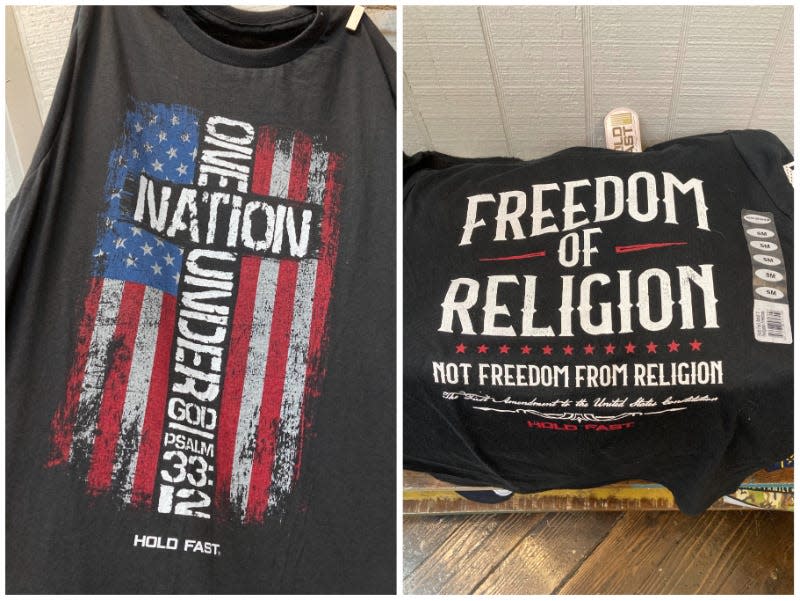 Shirts for sale at Dollywood that say "One Nation Under God" and "Freedom of religion, not freedom from religion."