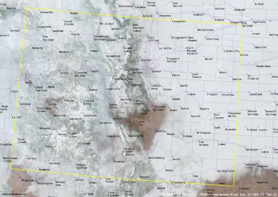 A satellite image captured on Jan. 20, 2023 from the National Weather Service Pueblo office shows the 'doughnut hole,' a section of terrain in and south of Pueblo that receives less precipitation than surrounding areas. The white area in the image indicates snowfall and cloud cover.