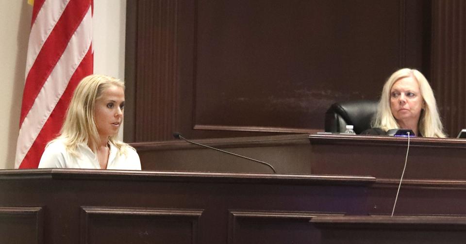 Joel Gingery's girlfriend, Jessie Grace, speaks during Gingery's sentencing on a rape conviction, Monday, June 3, 2024, as Judge Elizabeth Blackburn looks on at the S. James Foxman Justice Center in Daytona Beach.