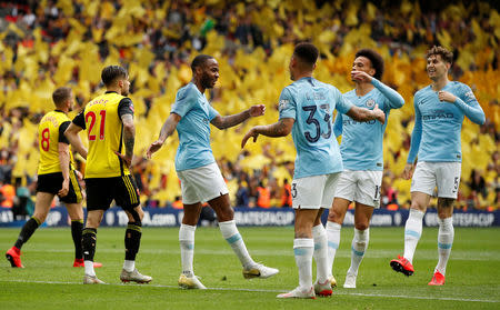 Soccer Football - FA Cup Final - Manchester City v Watford - Wembley Stadium, London, Britain - May 18, 2019 Manchester City's Raheem Sterling celebrates scoring their sixth goal with Gabriel Jesus and team mates Action Images via Reuters/John Sibley