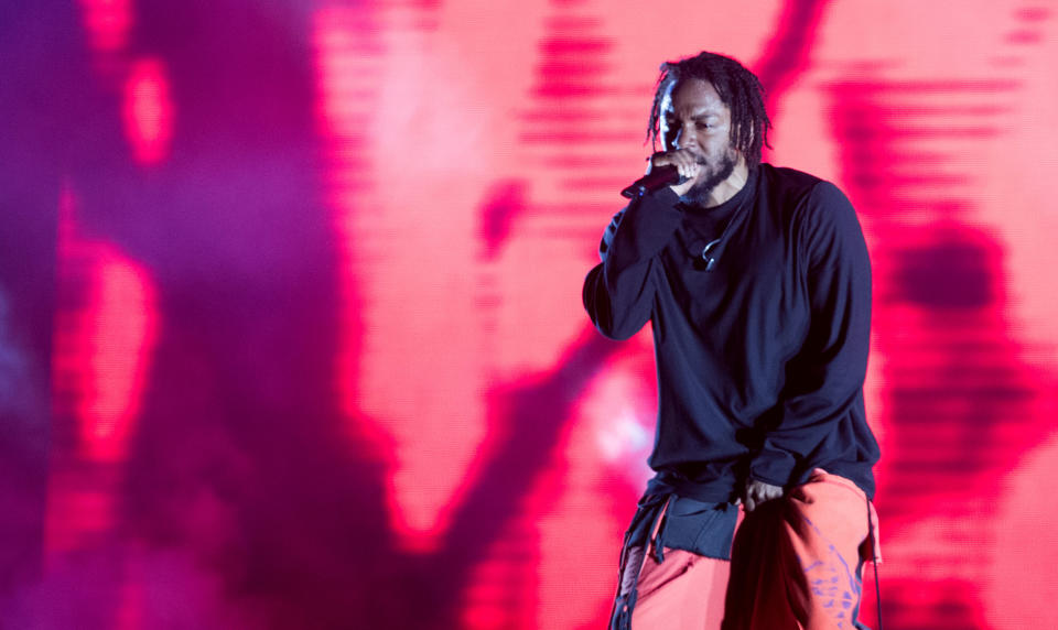 BUENOS AIRES, ARGENTINA - MARCH 31:    Kendrick Lamar performs during the third day of Lollapalooza Buenos Aires 2019 at Hipodromo de San Isidro on March 31, 2019 in Buenos Aires, Argentina. (Photo by Santiago Bluguermann/Getty Images)